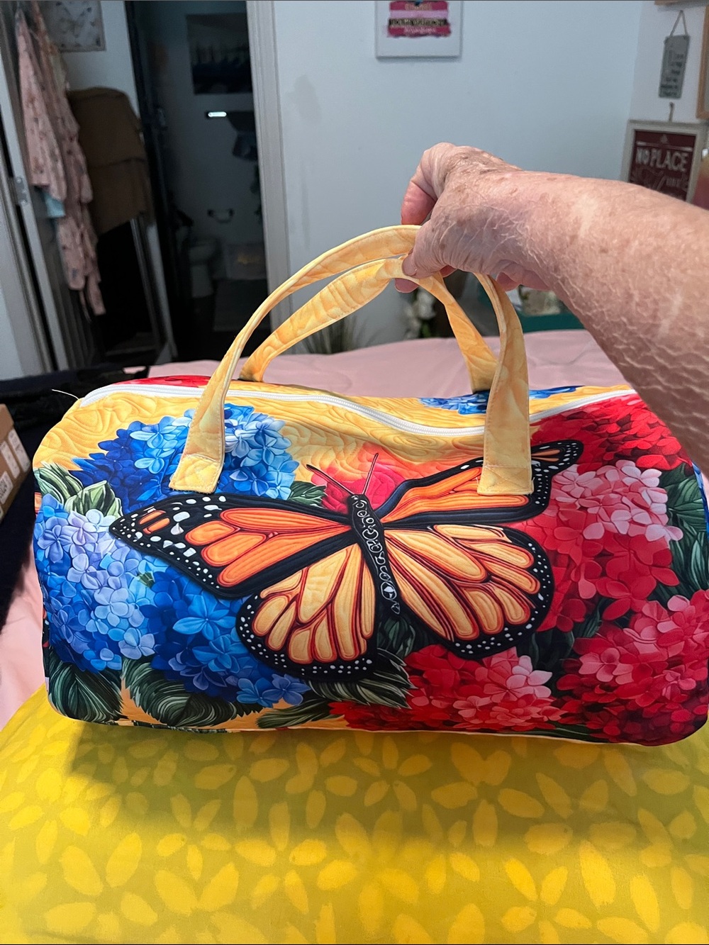 Butterfly Print Travel Duffle Bag in Yellow, Blue & Red